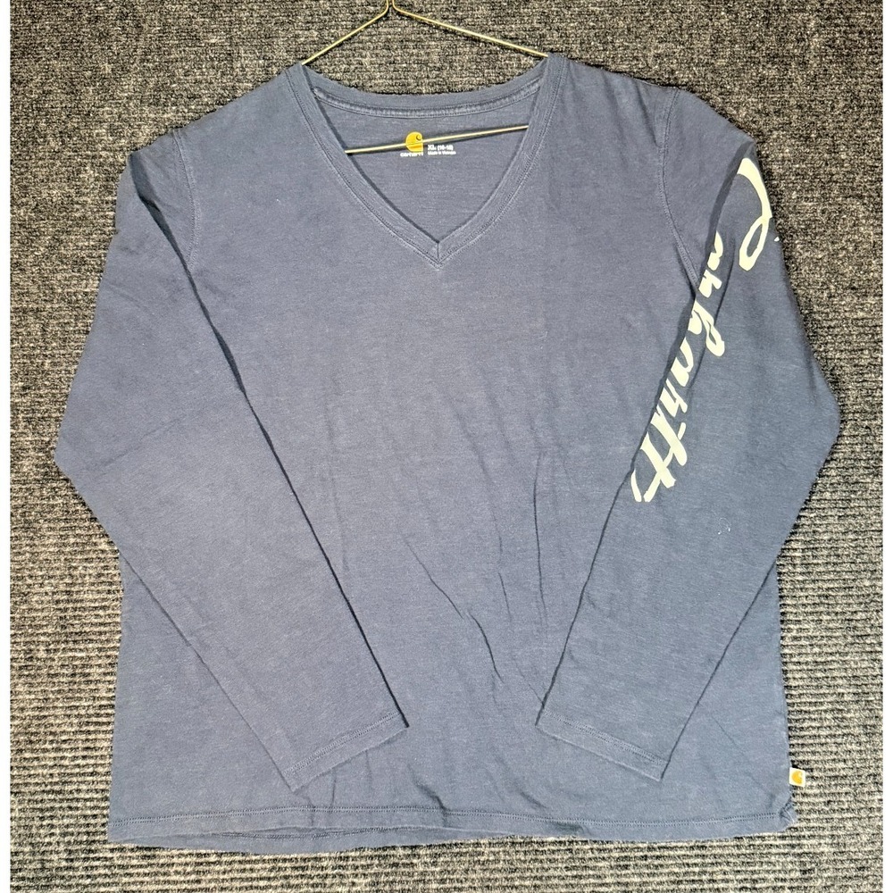 Carhartt Womens XL 16-18 Long Sleeve V-Neck Shirt Slate Blue Script Sleeve Logo - Picture 3 of 4